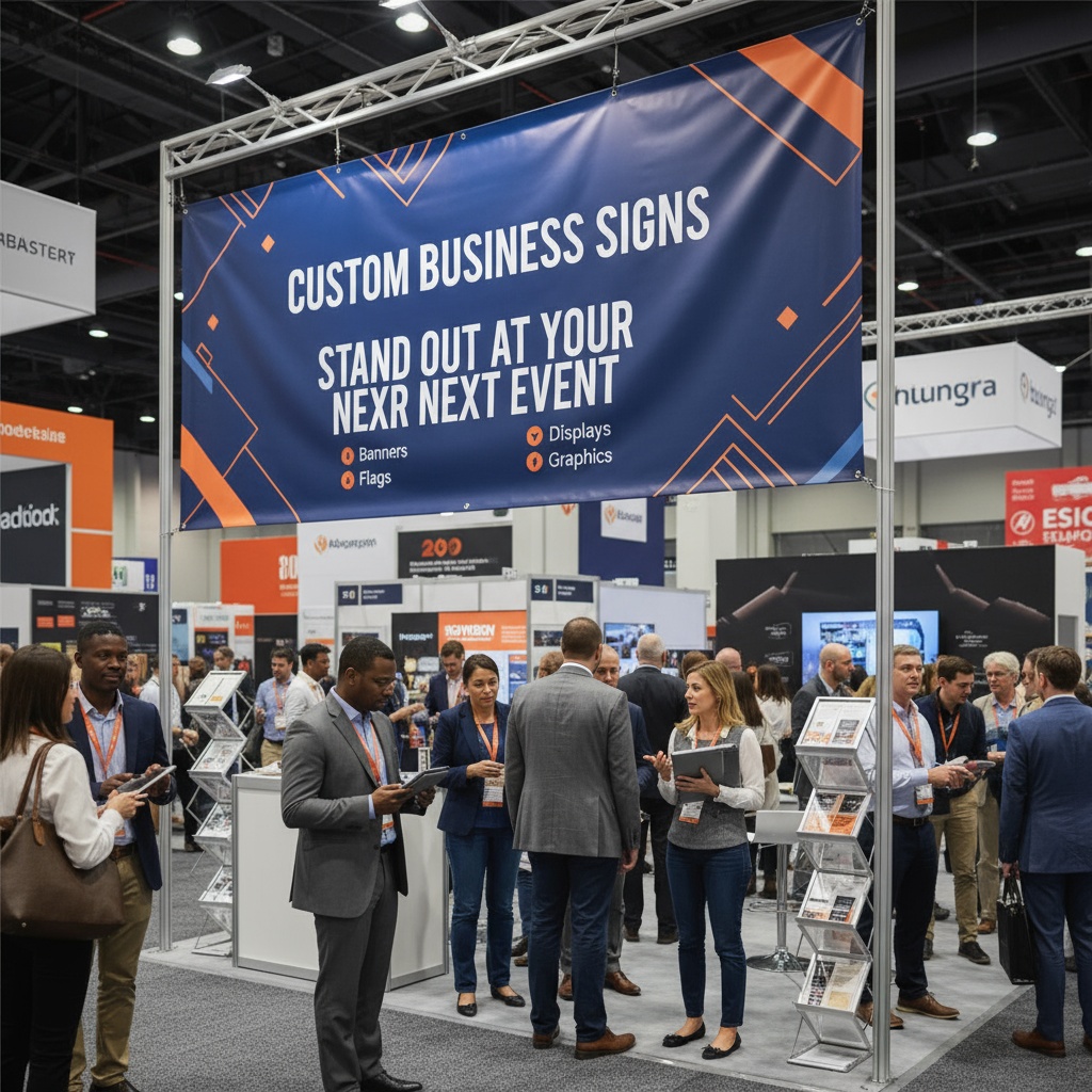 A retractable vinyl banner for a trade show.